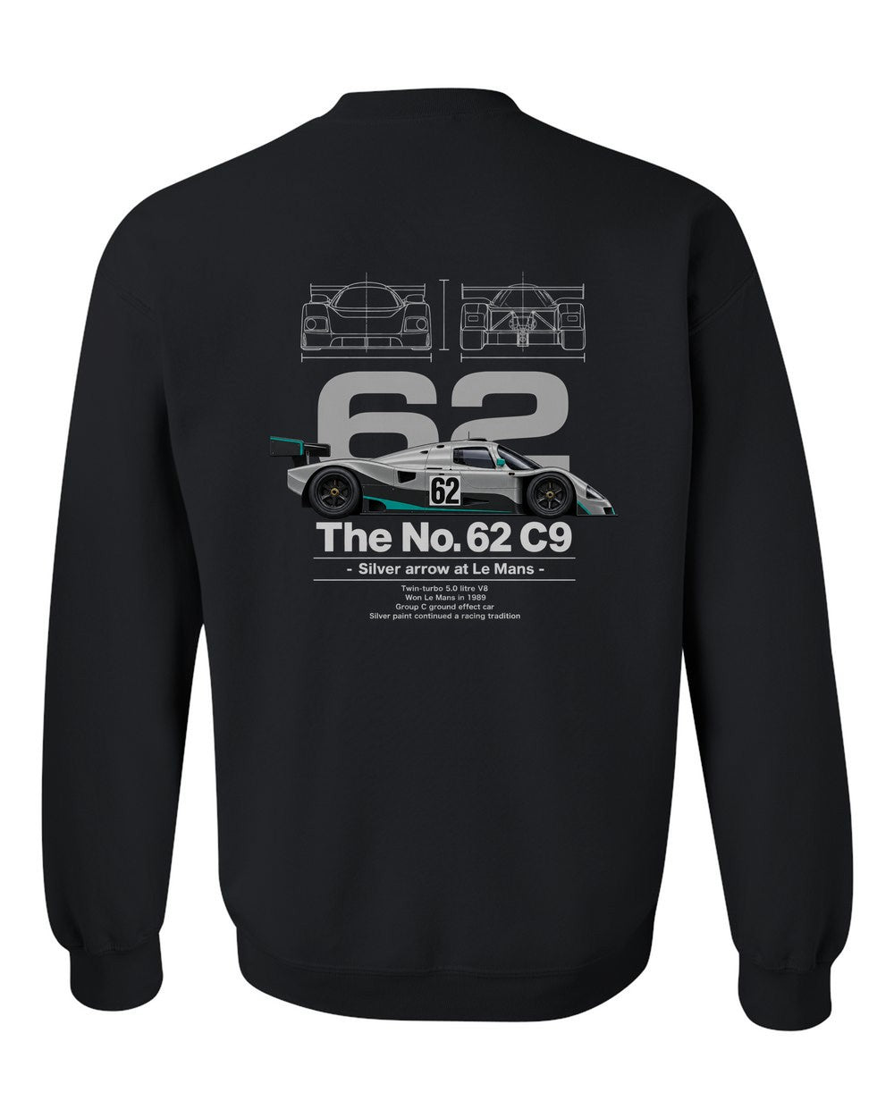 No. 63 C9 black crewneck back view with the design