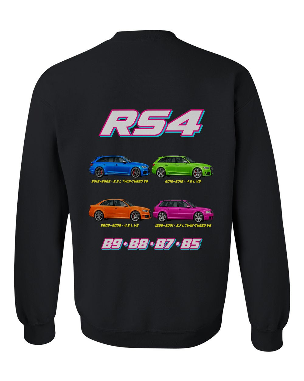 Audi RS4 evolution poster black crewneck back view with the design