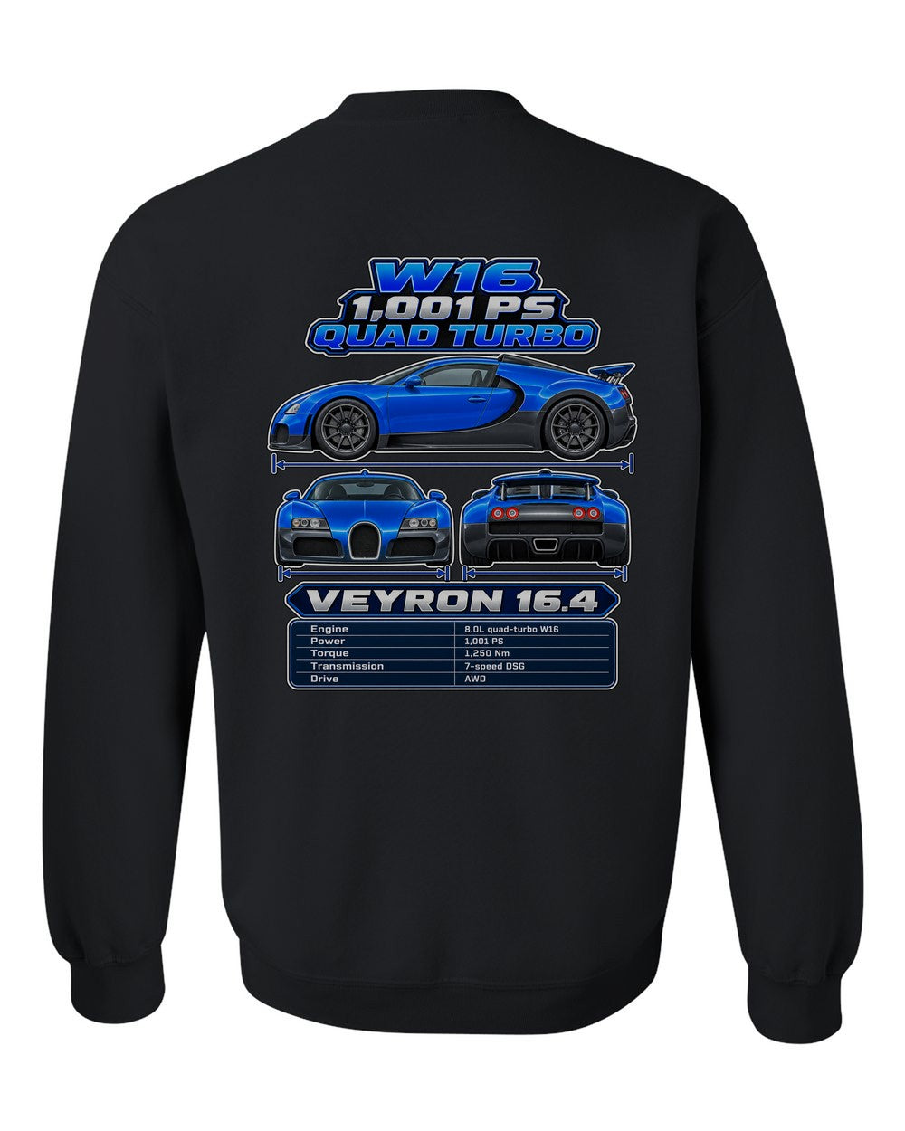 Bugatti Veyron 164 spec sheet black crewneck back view with the design