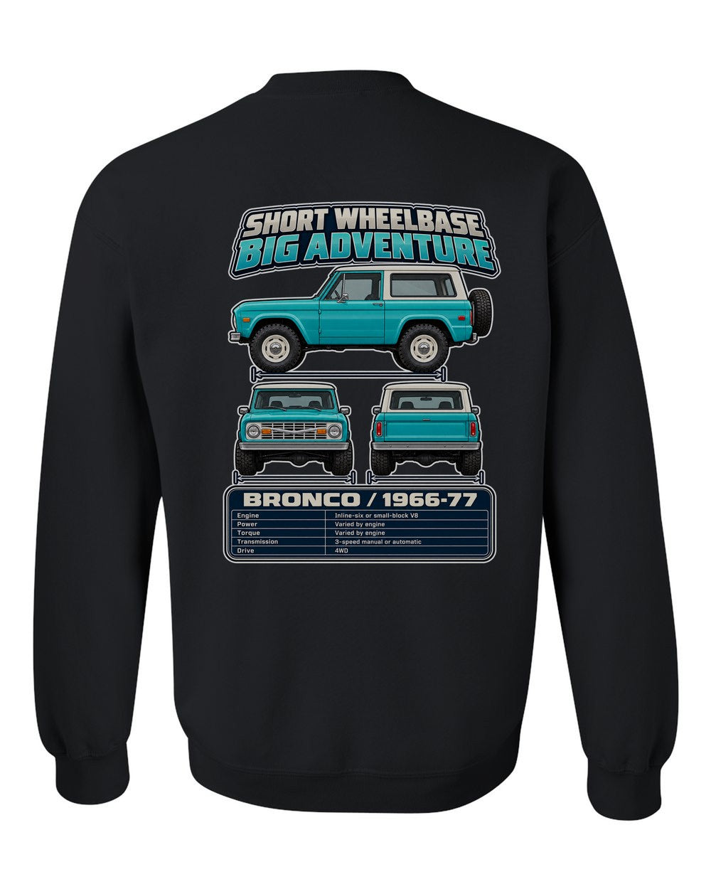Ford Early Bronco spec sheet black crewneck back view with the design