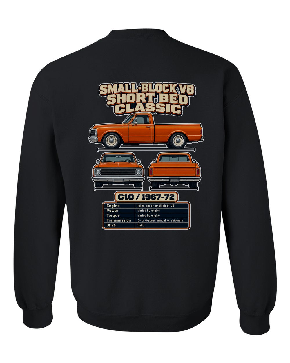 Chevrolet C10 spec sheet black crewneck back view with the design