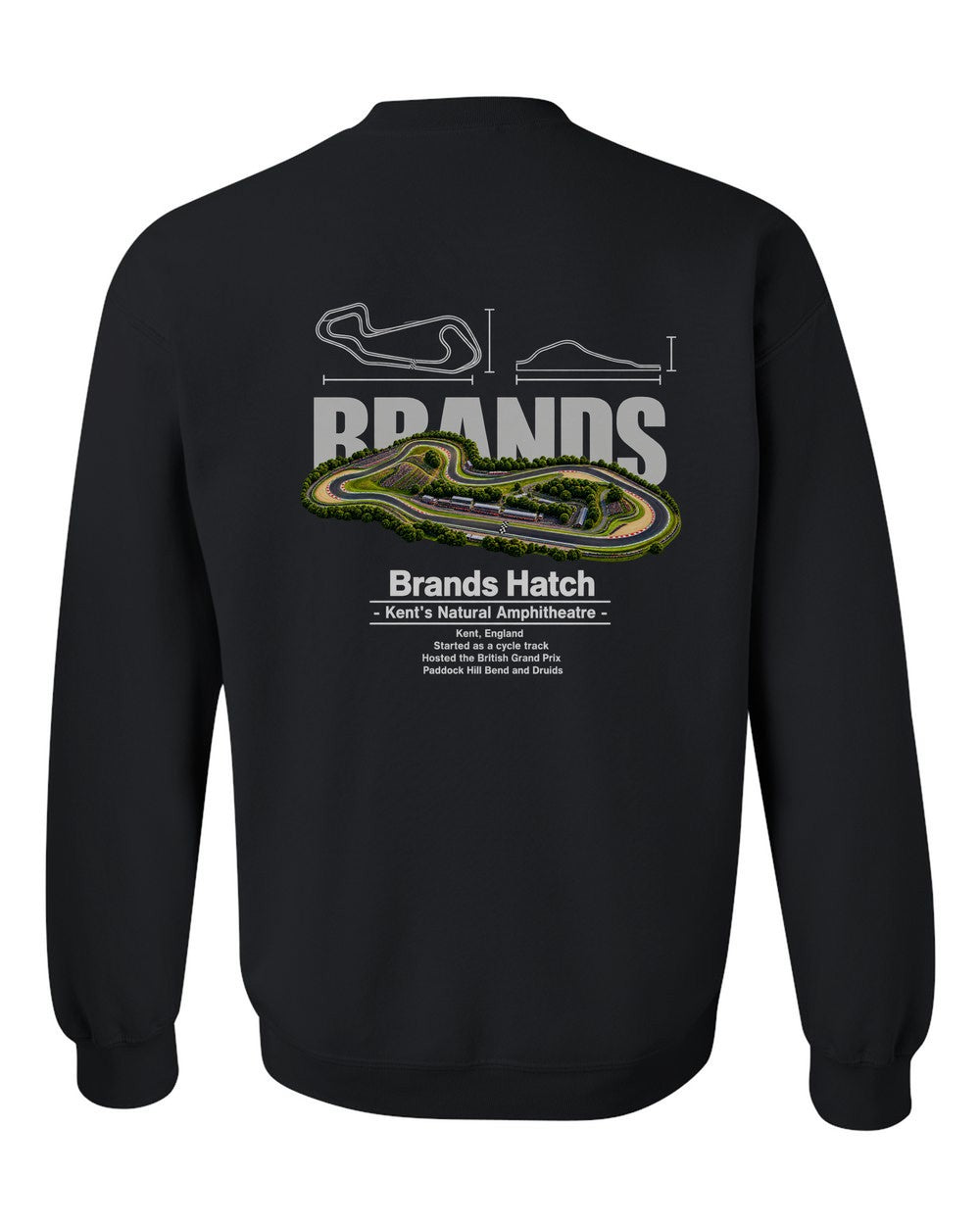 Brands Hatch black crewneck back view with the design