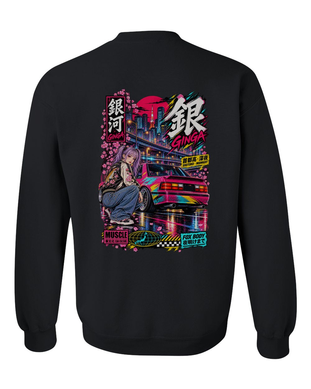 GINGA FOX BODY full-back artwork black crewneck back view with the design