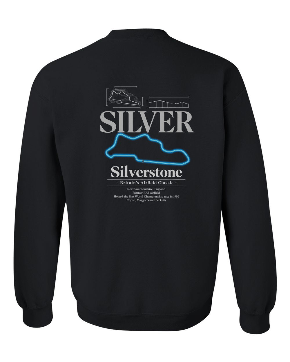 Silverstone black crewneck back view with the design