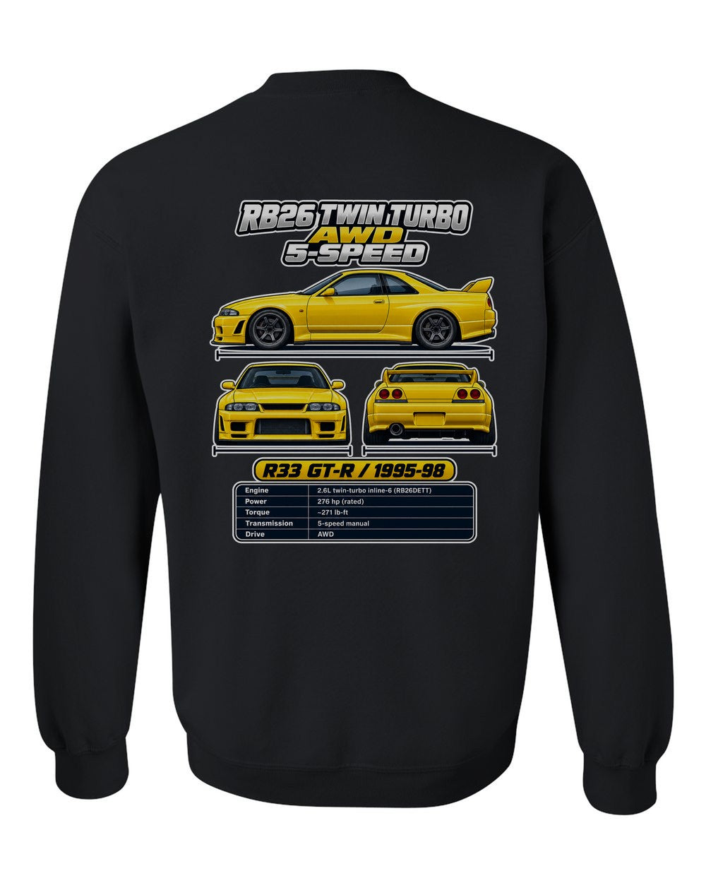 Nissan Skyline Gt R R33 spec sheet black crewneck back view with the design