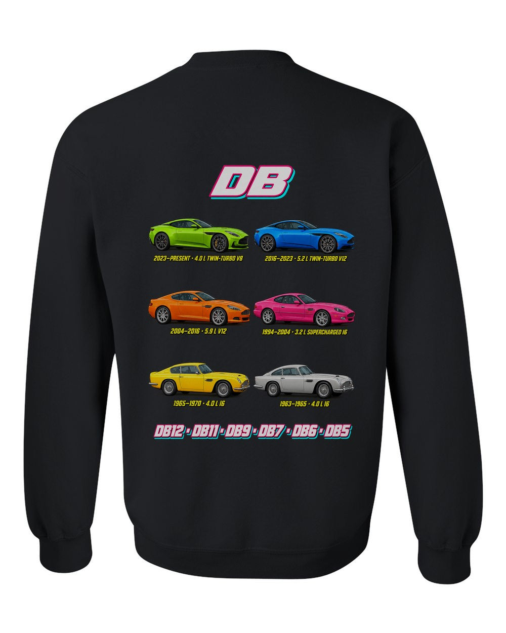 Aston Martin DB evolution poster black crewneck back view with the design