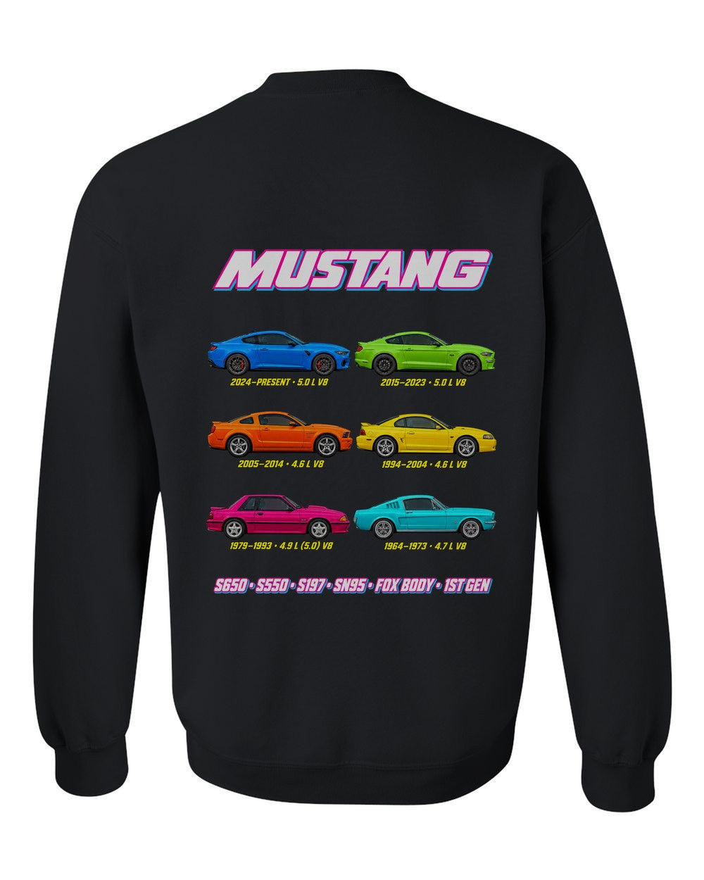 Ford Mustang evolution poster black crewneck back view with the design