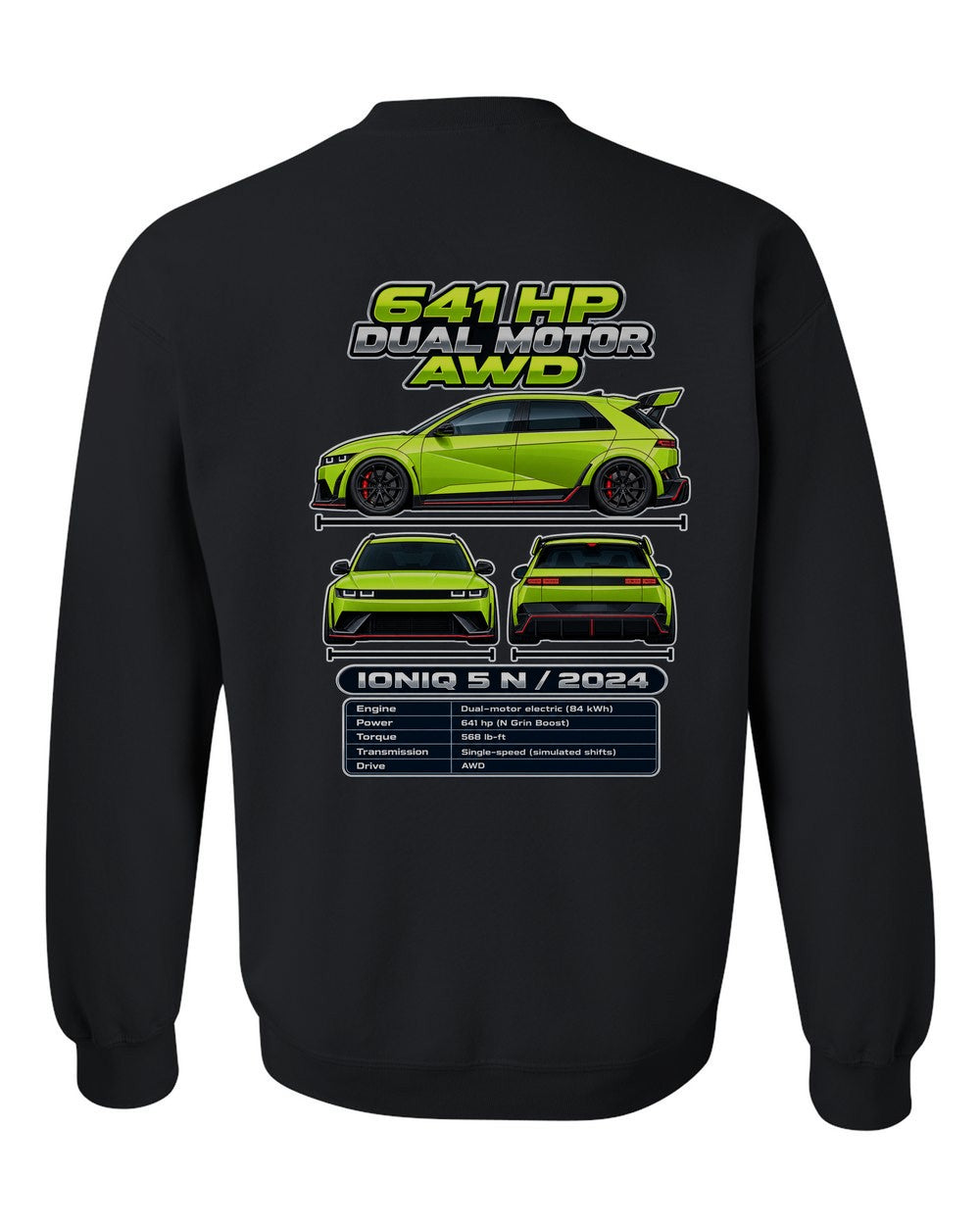 Hyundai Ioniq 5 N spec sheet black crewneck back view with the design