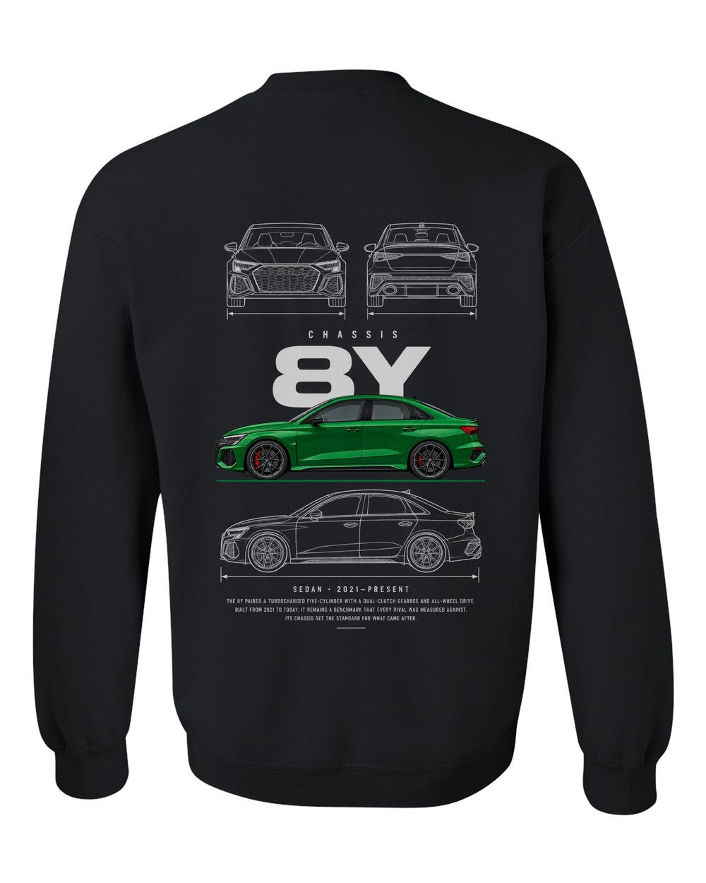 8Y full-back artwork black crewneck back view with the design