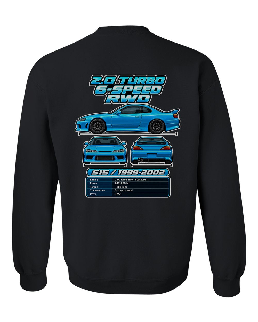 Nissan Silvia S15 spec sheet black crewneck back view with the design