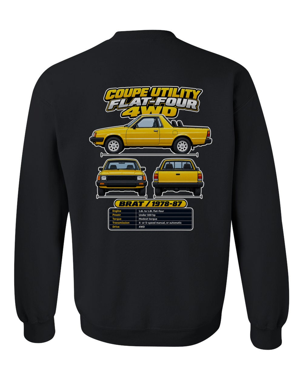 Subaru Brat spec sheet black crewneck back view with the design