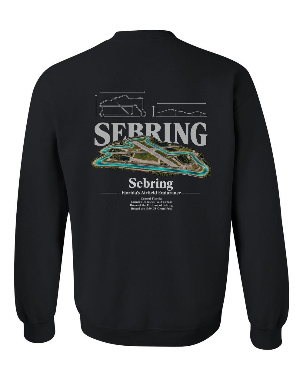 Sebring black crewneck back view with the design