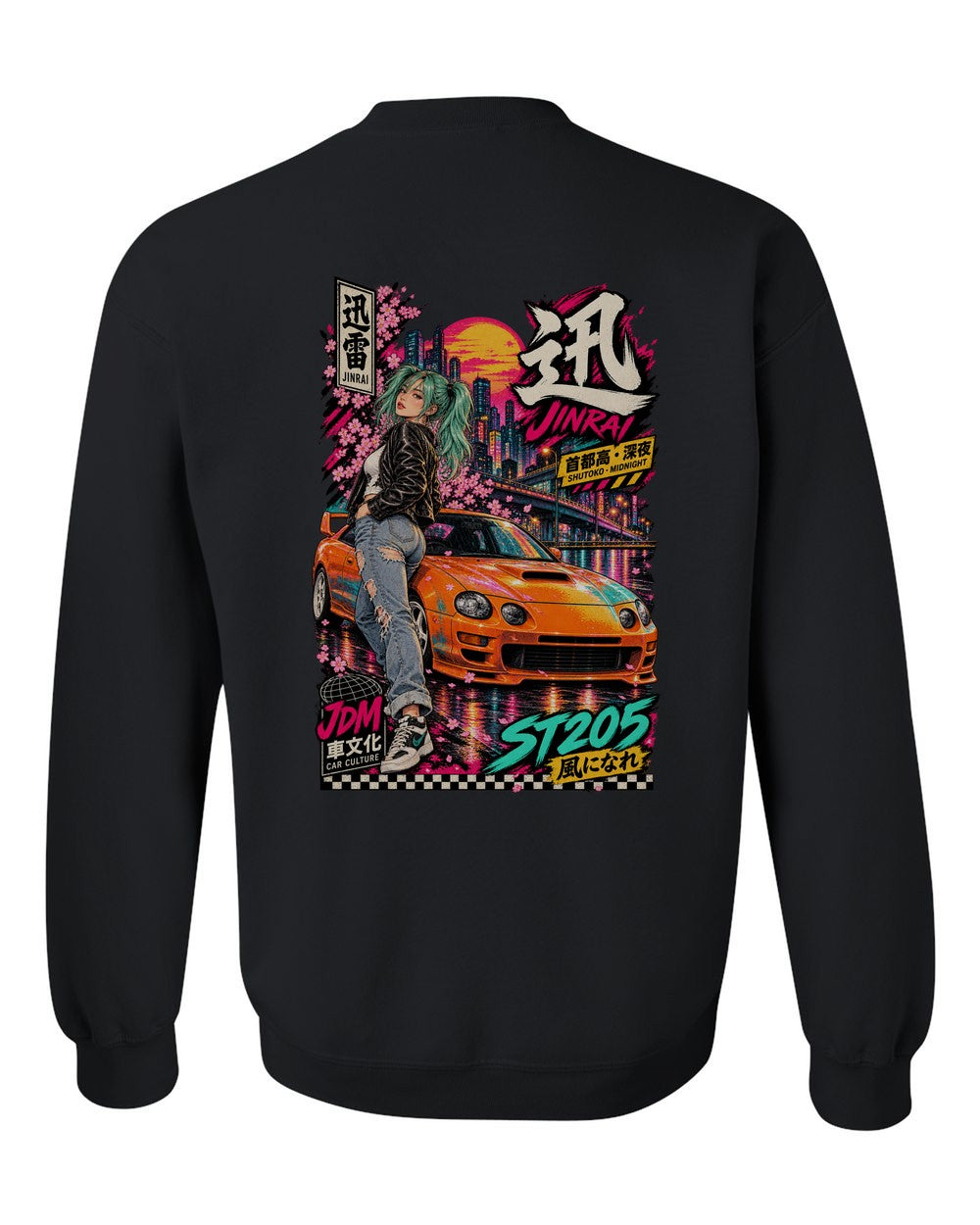 JINRAI ST205 full-back artwork black crewneck back view with the design