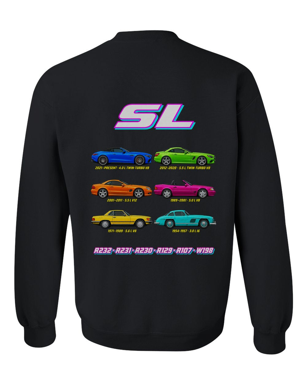 Mercedes SL evolution poster black crewneck back view with the design