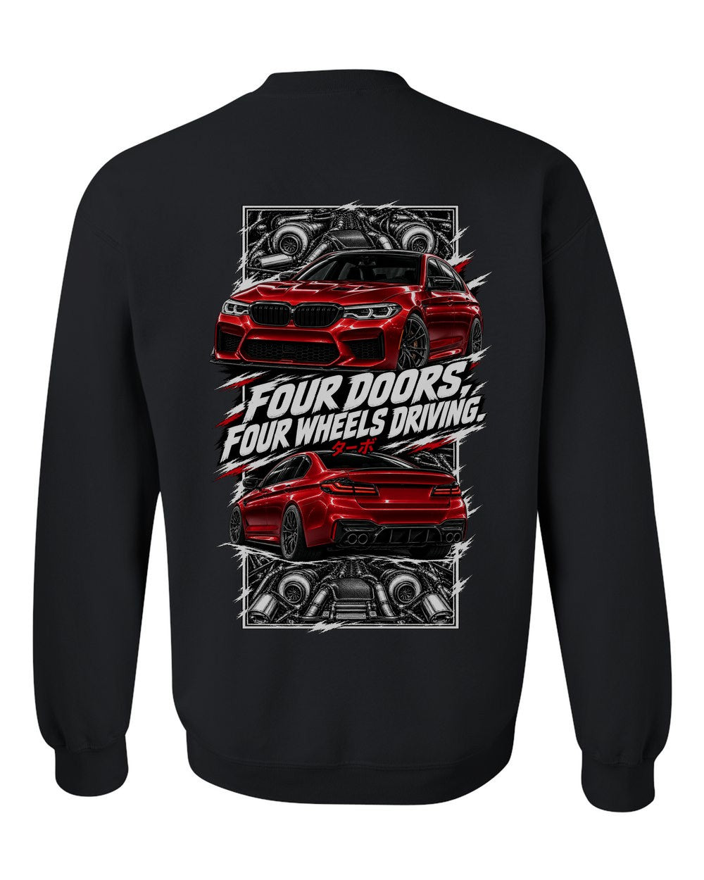 BMW F90 M5 torn poster black crewneck back view with the design