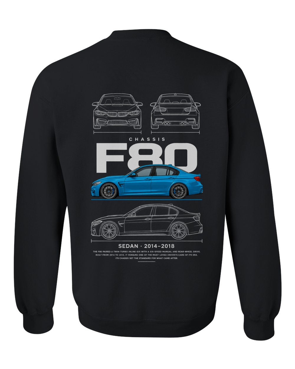 F80 full-back artwork black crewneck back view with the design