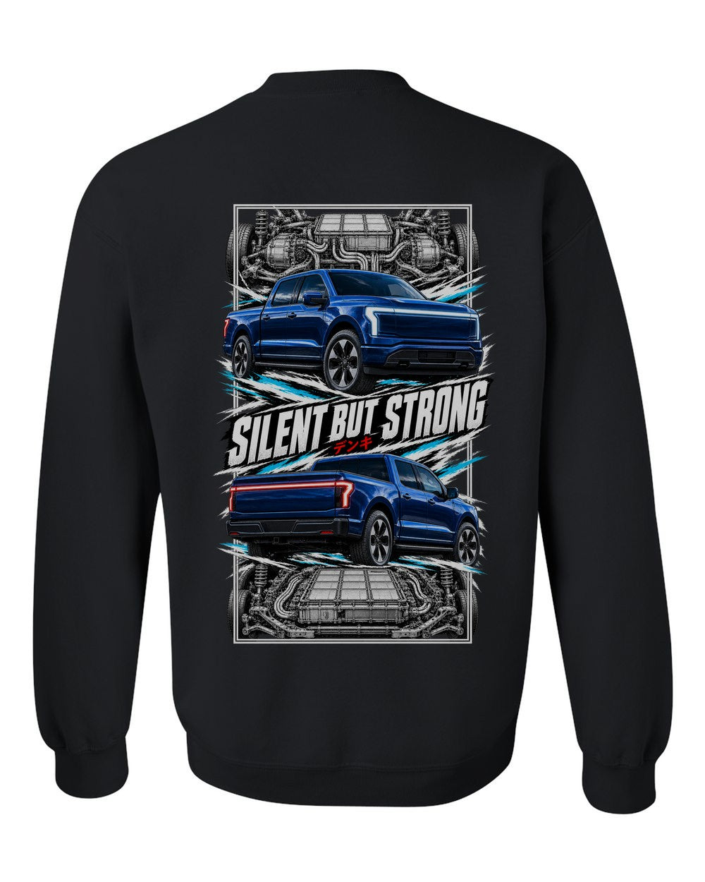 Ford F-150 Lightning torn poster black crewneck back view with the design