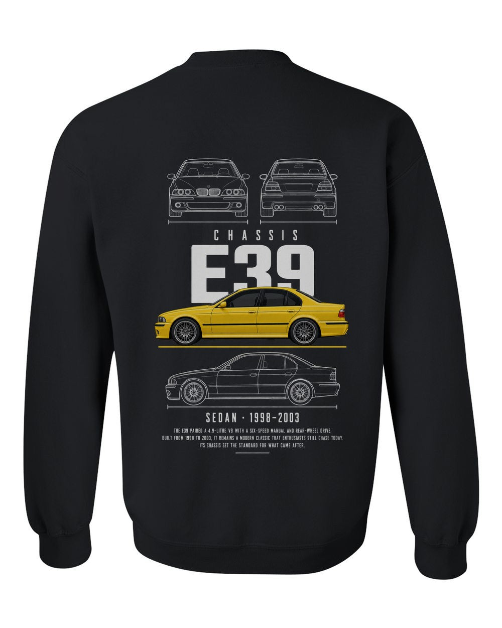 E39 full-back artwork black crewneck back view with the design