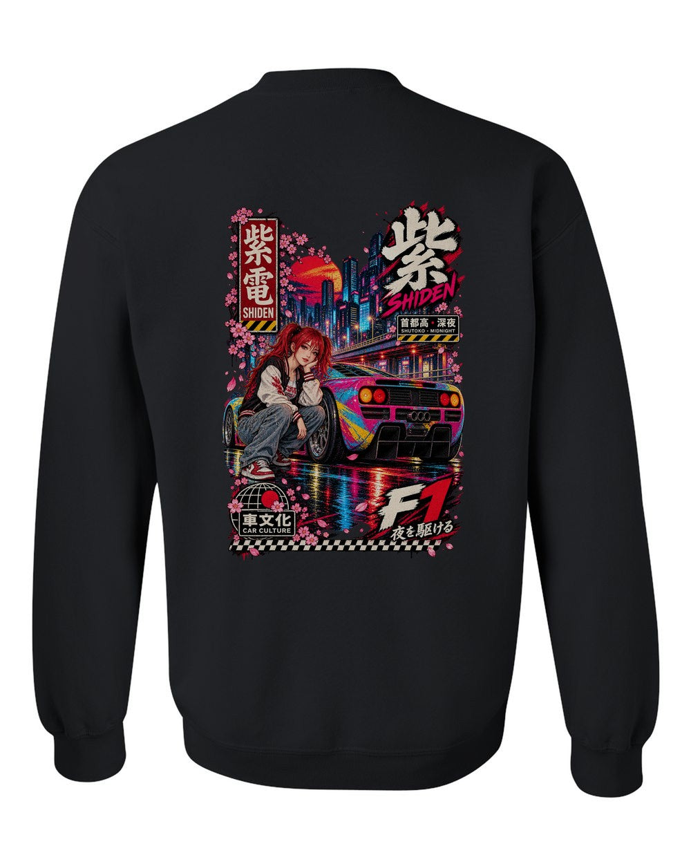 SHIDEN F1 full-back artwork black crewneck back view with the design