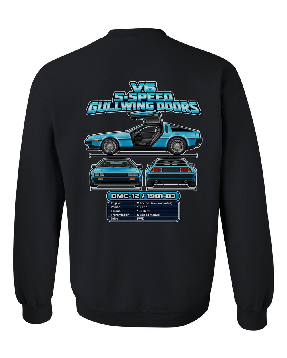 Delorean Dmc 12 spec sheet black crewneck back view with the design