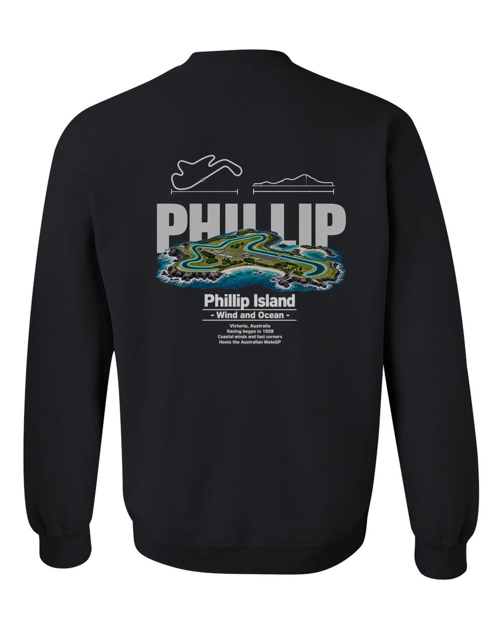 Phillip Island black crewneck back view with the design