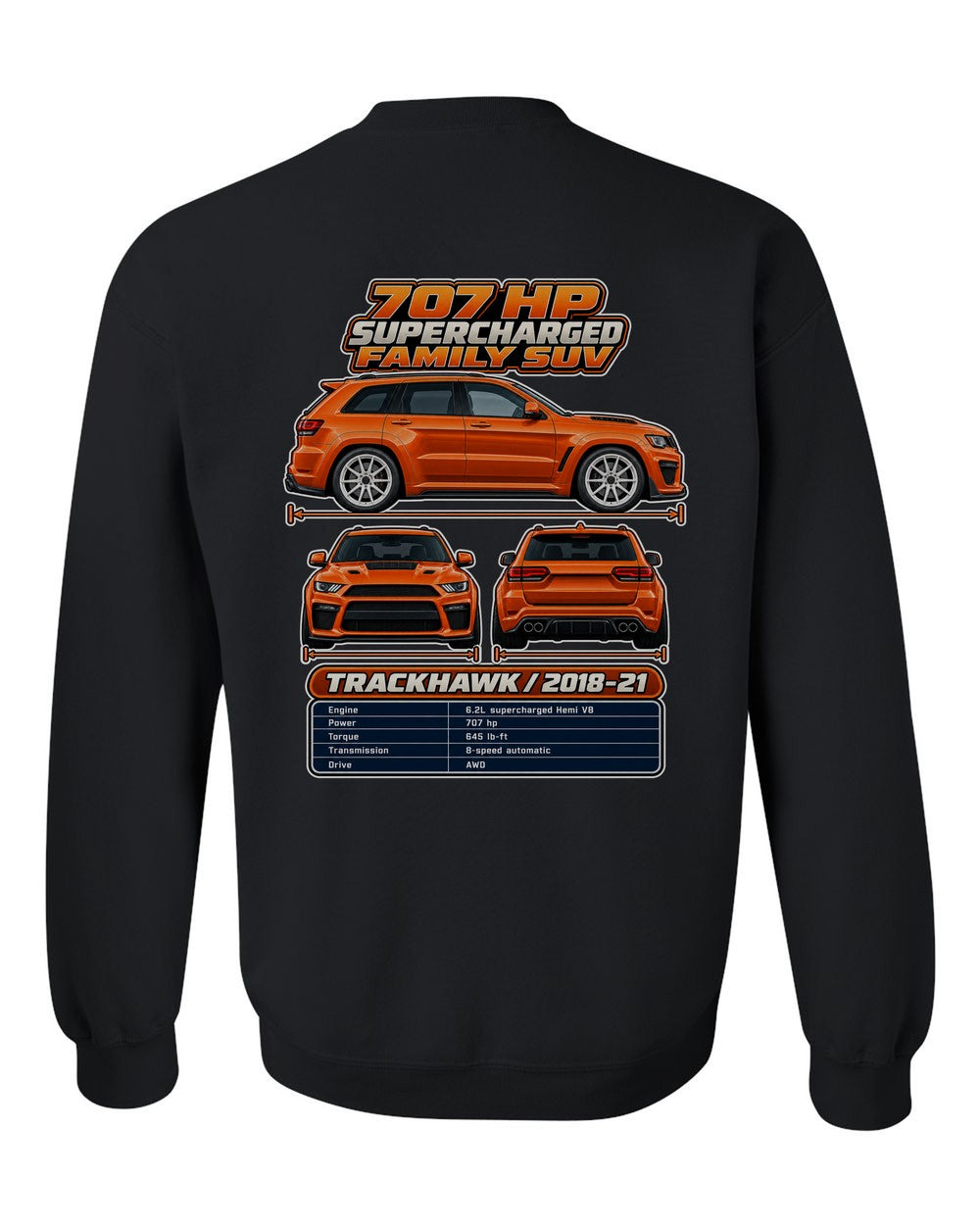 Jeep Grand Cherokee Trackhawk spec sheet black crewneck back view with the design