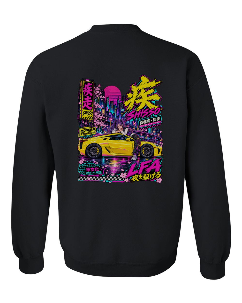 SHISSO LFA full-back artwork black crewneck back view with the design