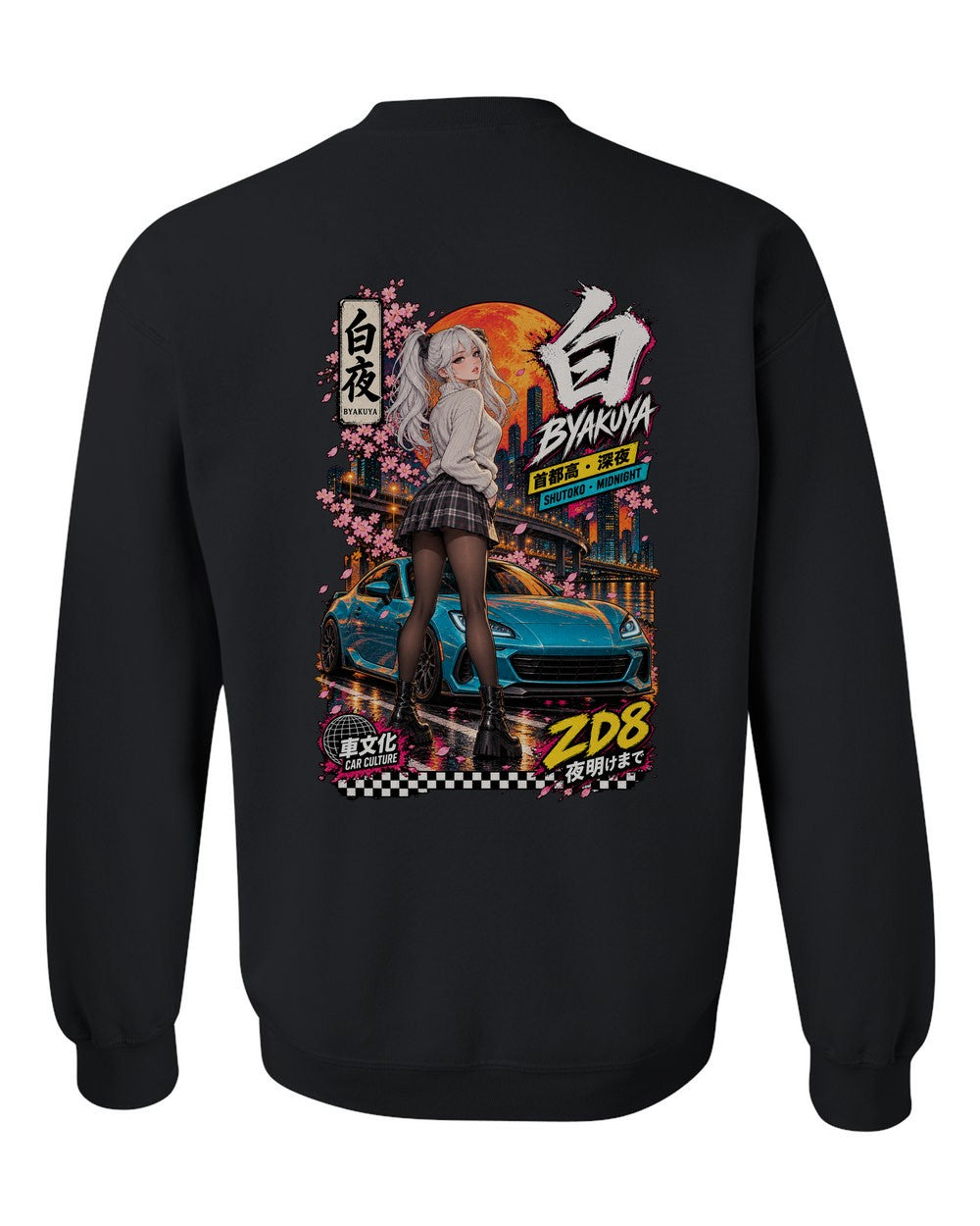 BYAKUYA ZD8 full-back artwork black crewneck back view with the design