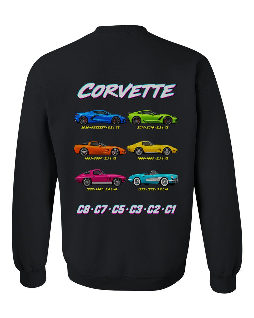 Chevy Corvette evolution poster black crewneck back view with the design