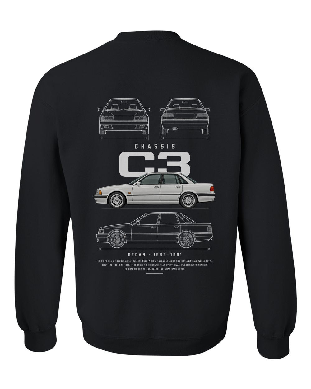C3 full-back artwork black crewneck back view with the design