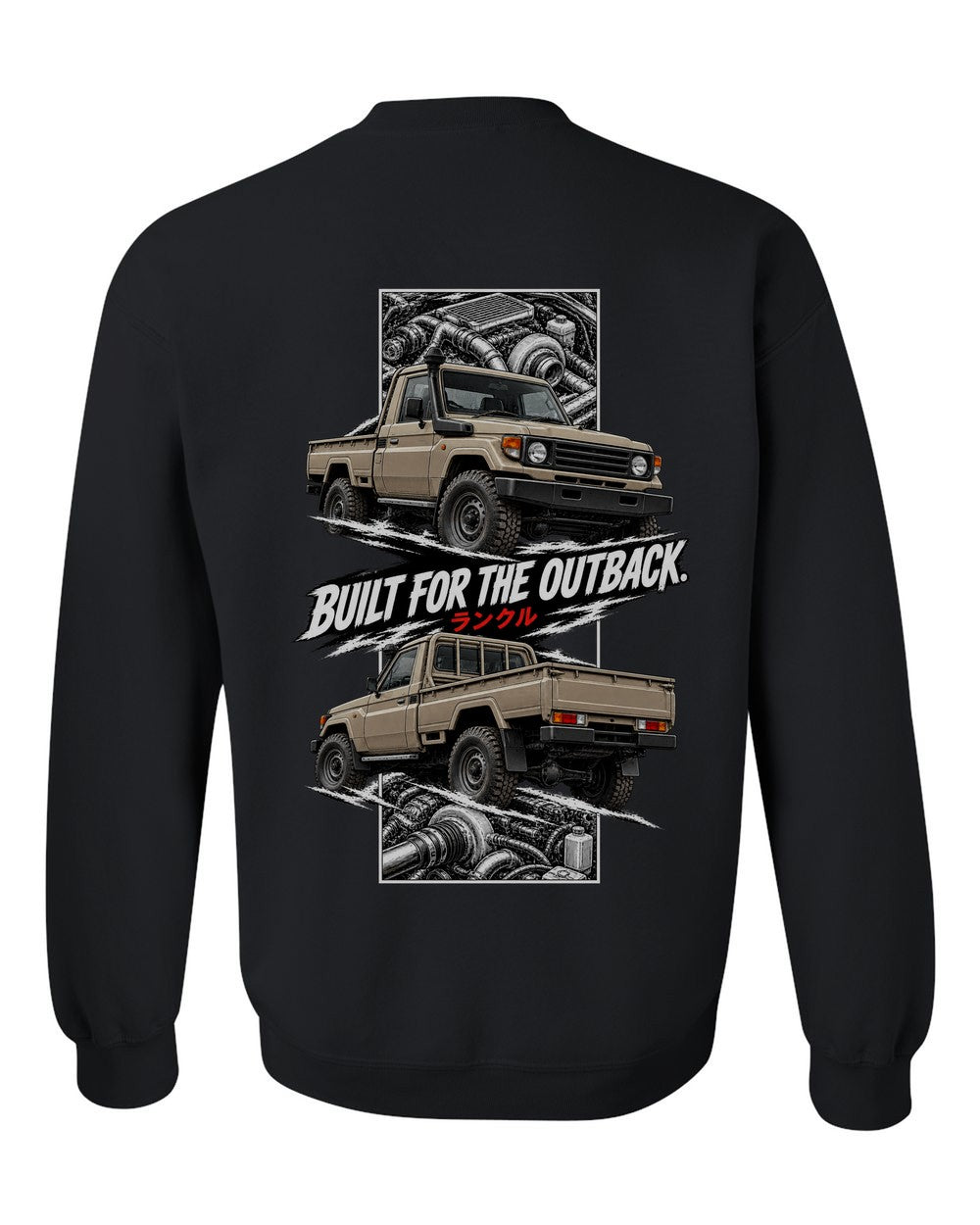 Toyota Land Cruiser 70 torn poster black crewneck back view with the design