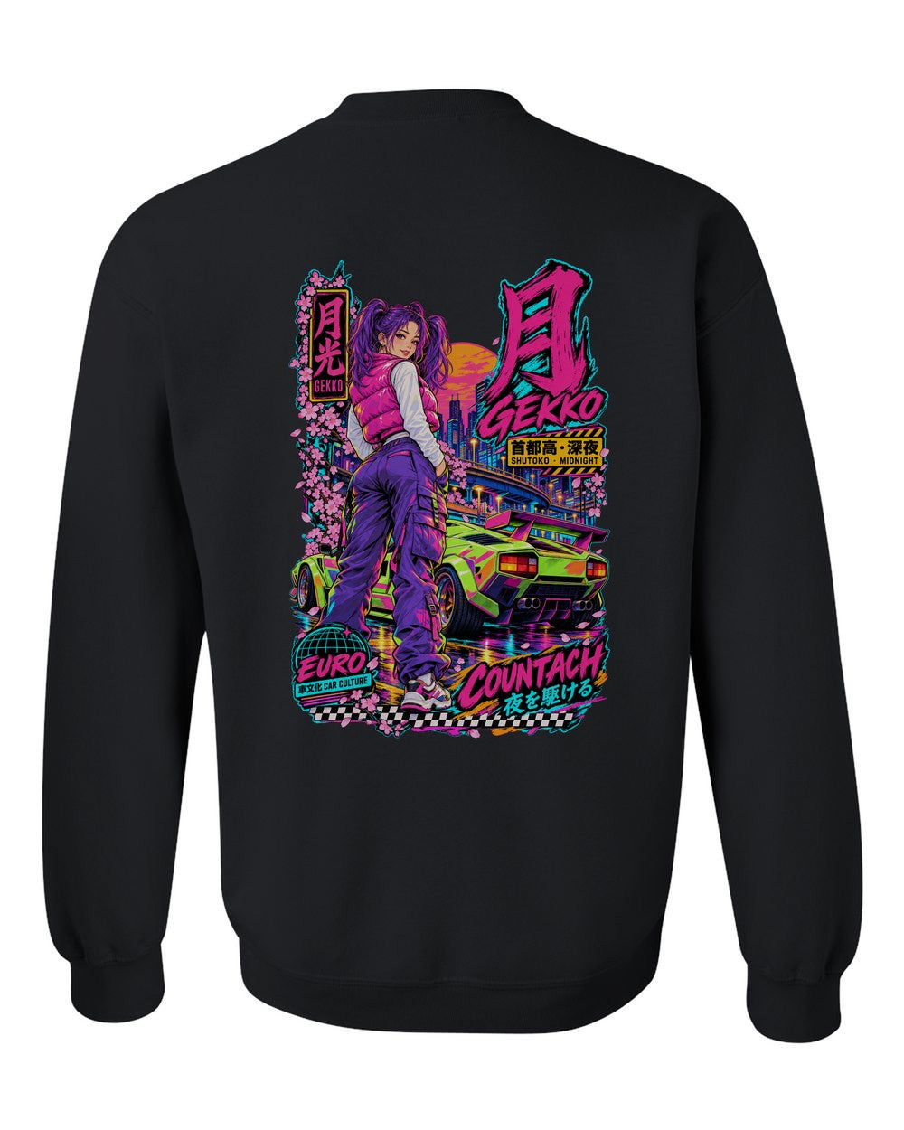 GEKKO COUNTACH full-back artwork black crewneck back view with the design