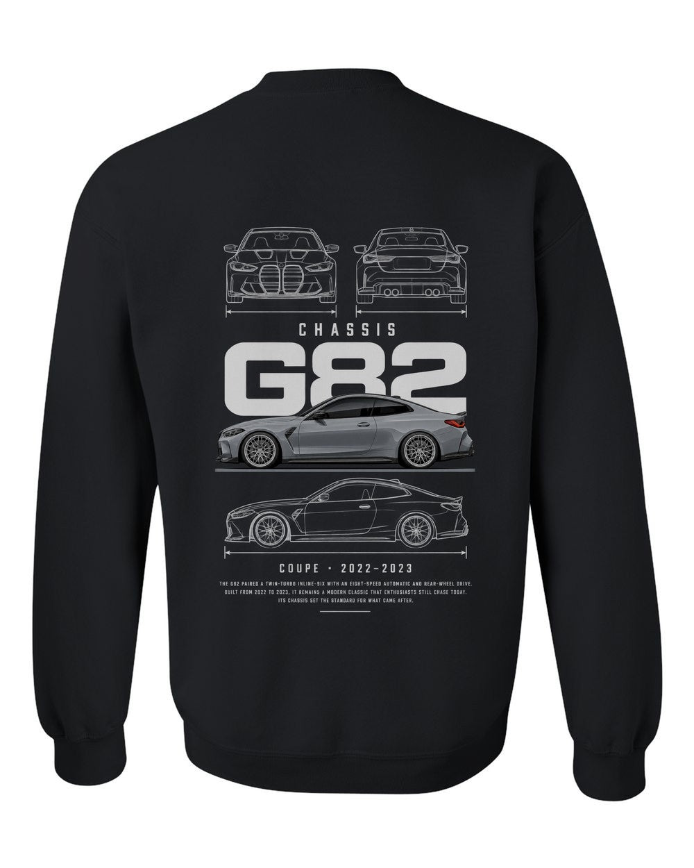 G82 full-back artwork black crewneck back view with the design
