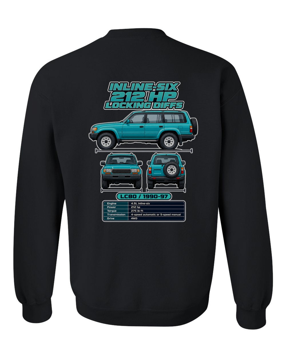 Toyota Land Cruiser 80 spec sheet black crewneck back view with the design