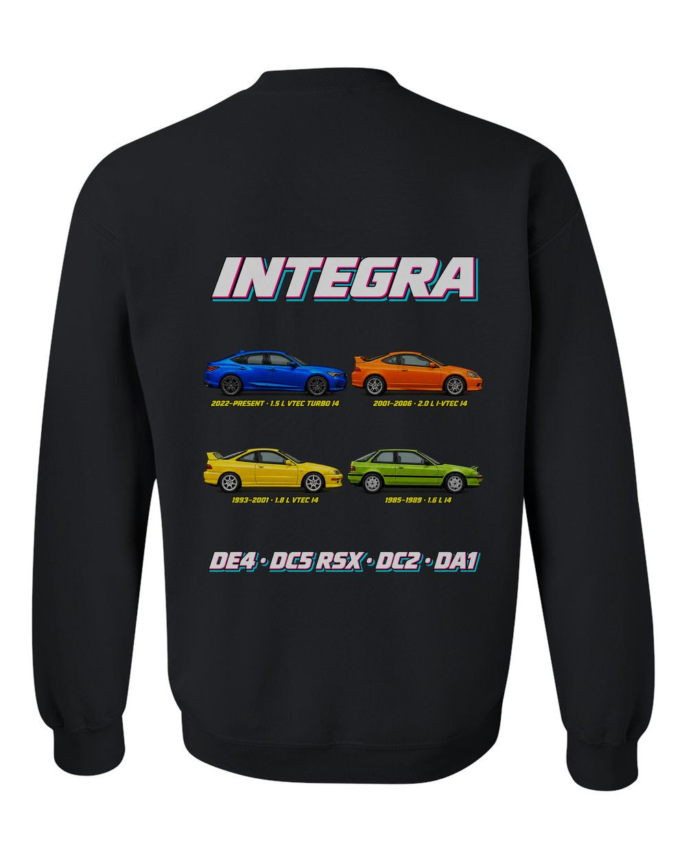 Acura Integra evolution poster black crewneck back view with the design