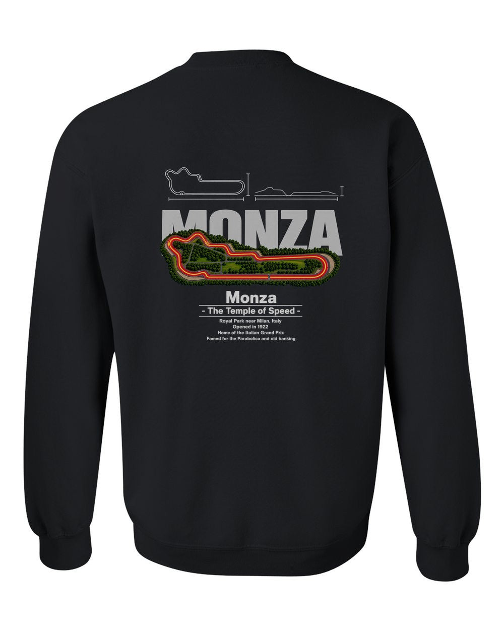 Monza black crewneck back view with the design