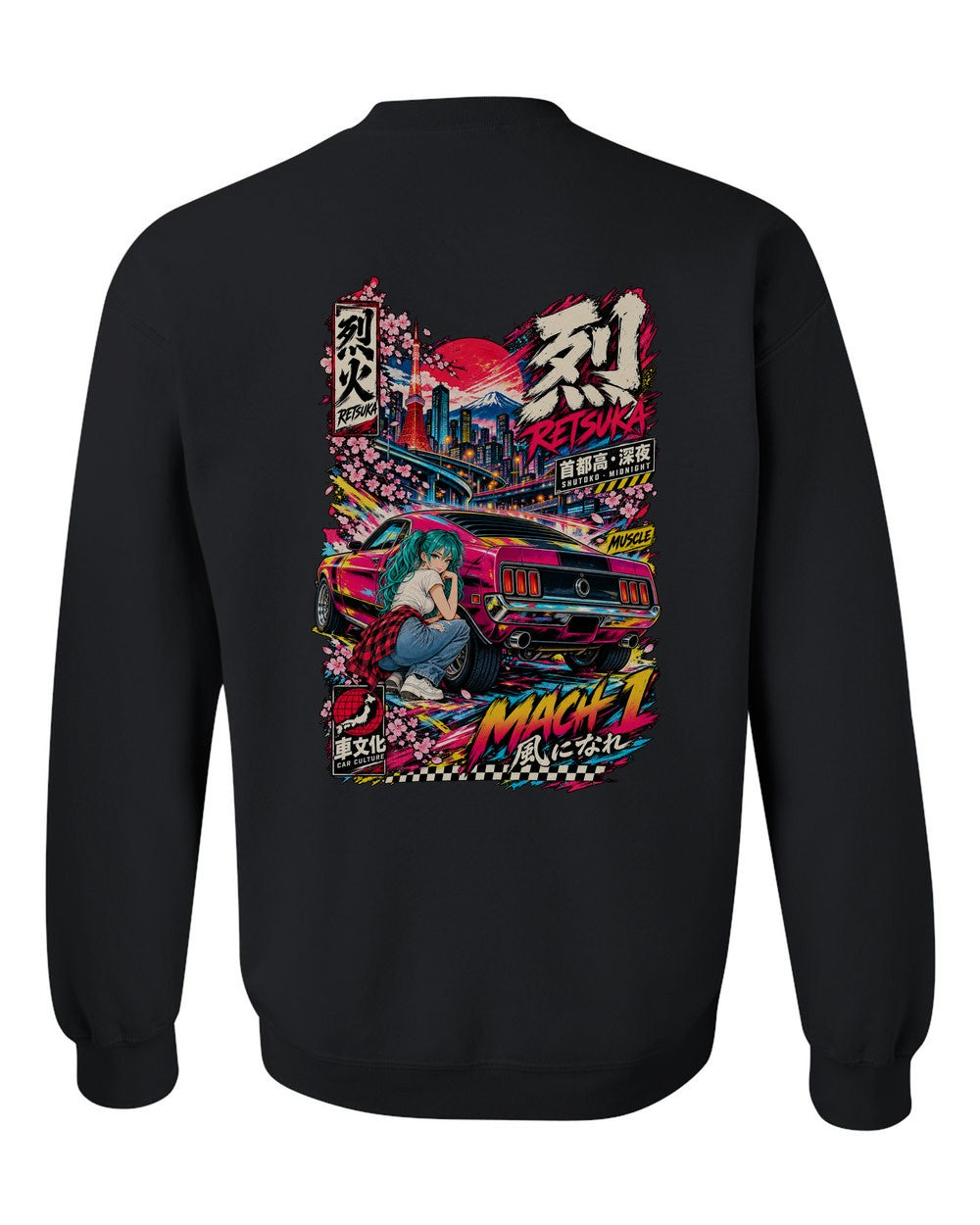 RETSUKA MACH 1 full-back artwork black crewneck back view with the design