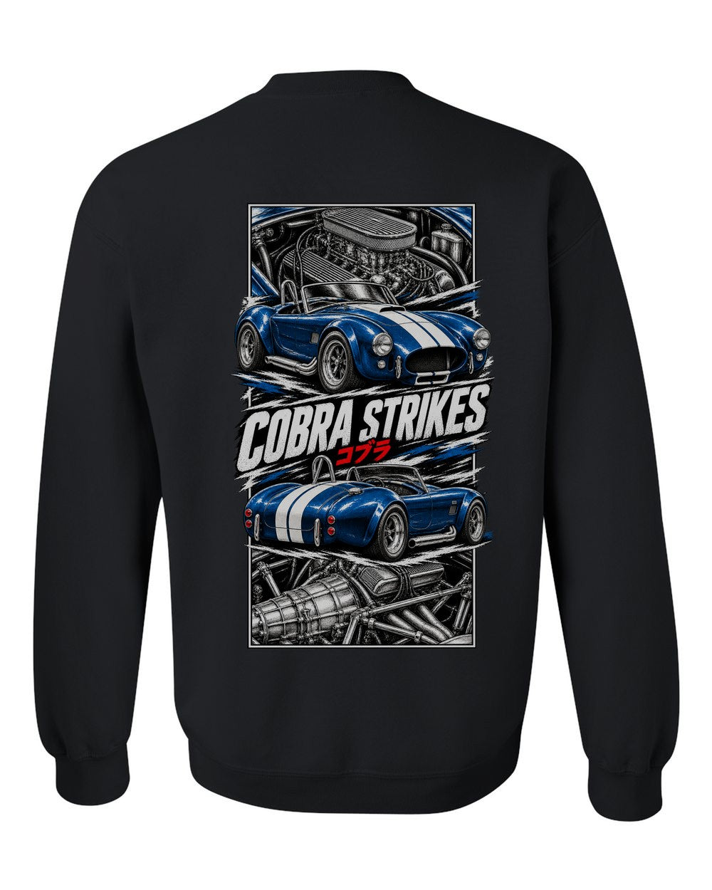Shelby Cobra 427 torn poster black crewneck back view with the design