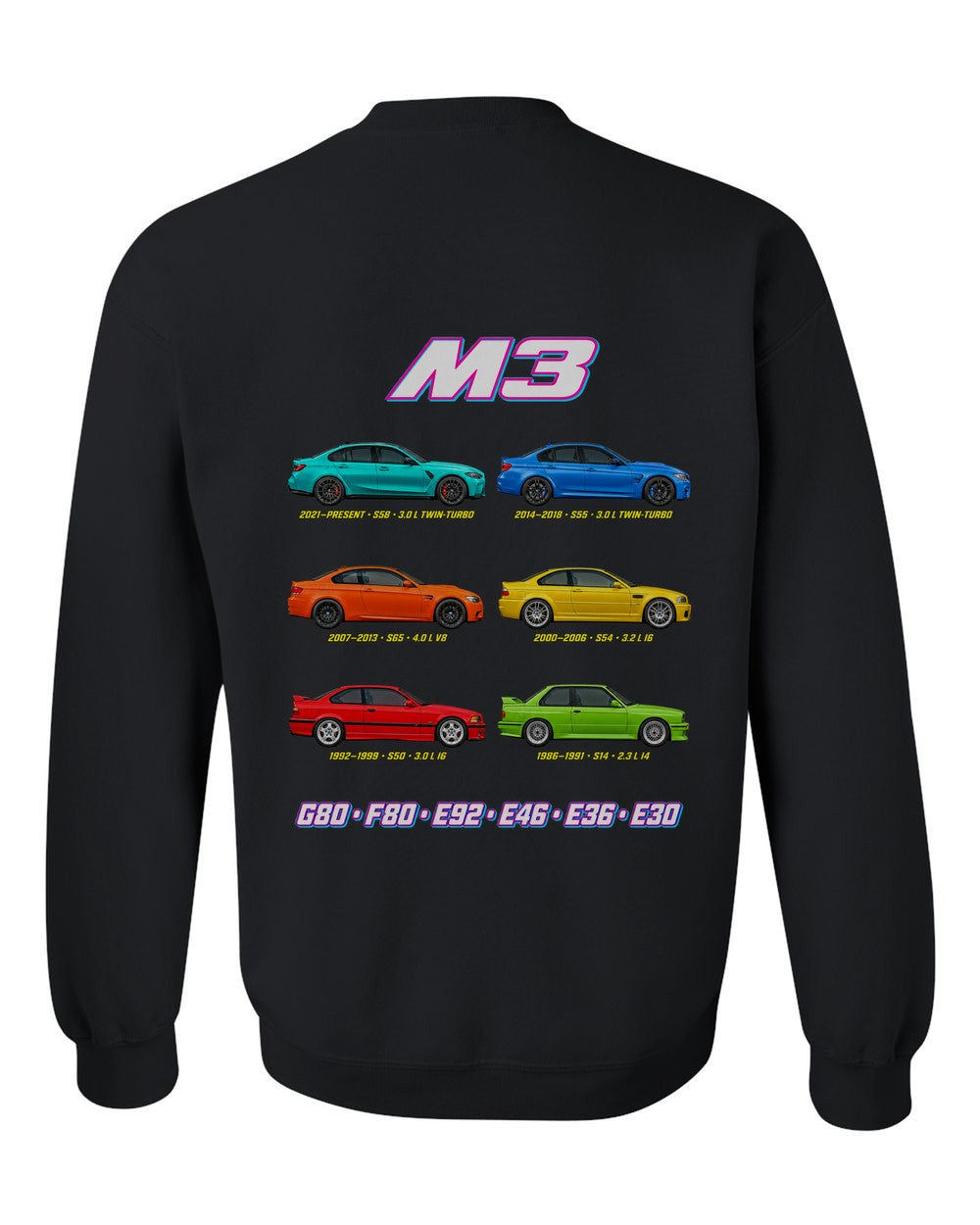 M3 evolution poster black crewneck back view with the design