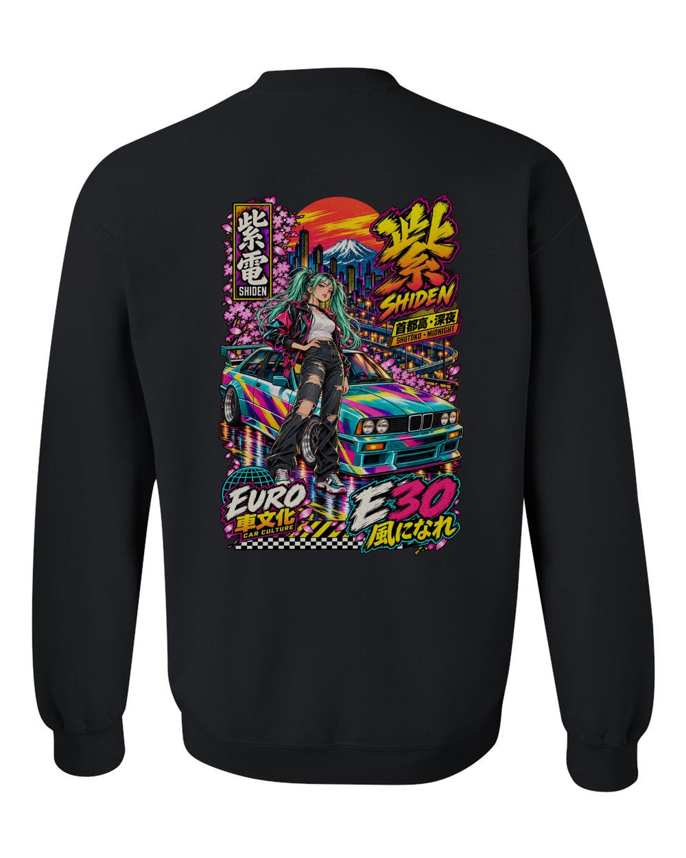 SHIDEN E30 full-back artwork black crewneck back view with the design