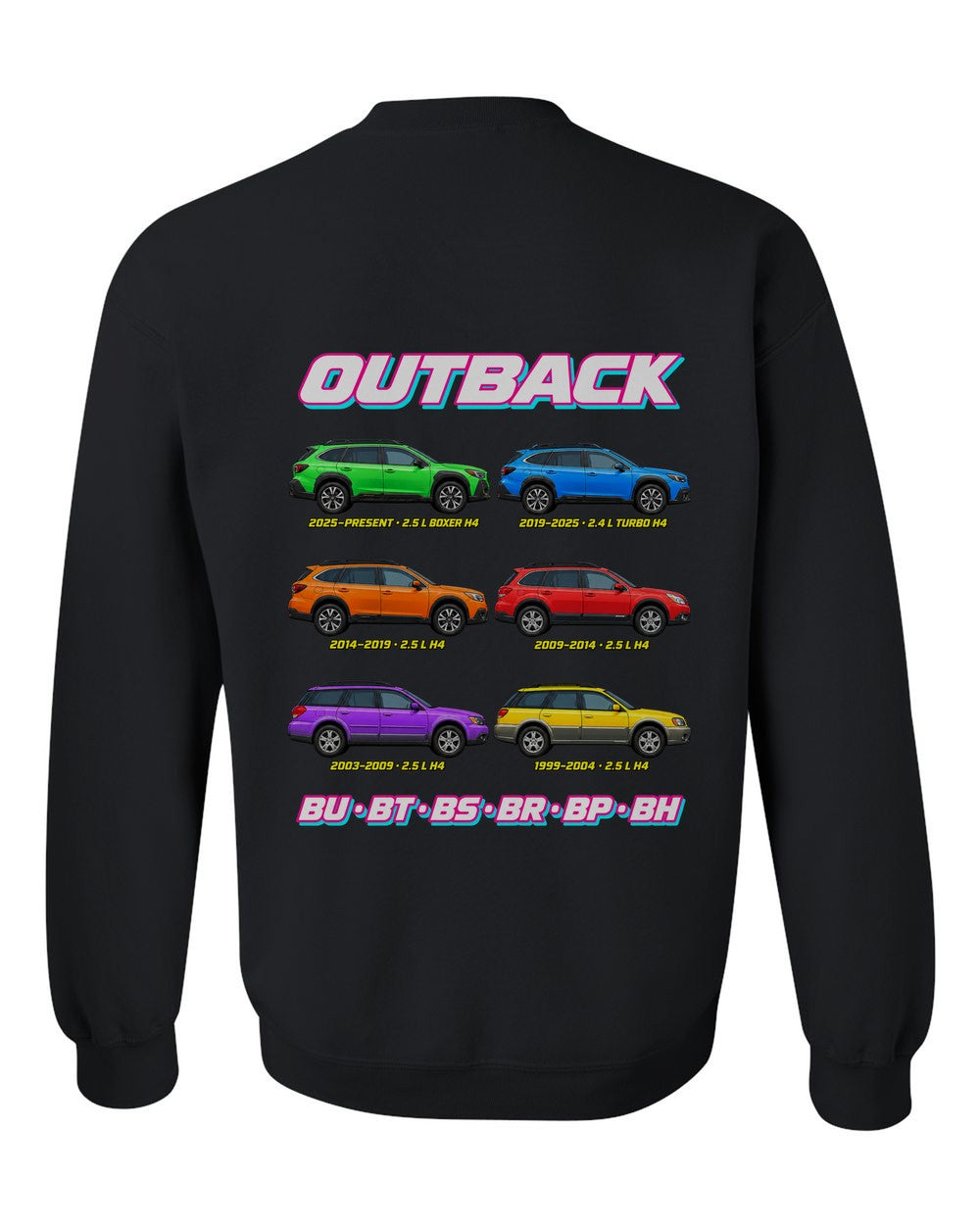 Subaru Outback evolution poster black crewneck back view with the design