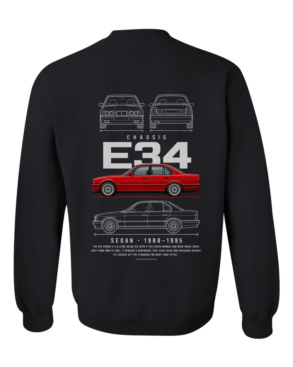 E34 full-back artwork black crewneck back view with the design