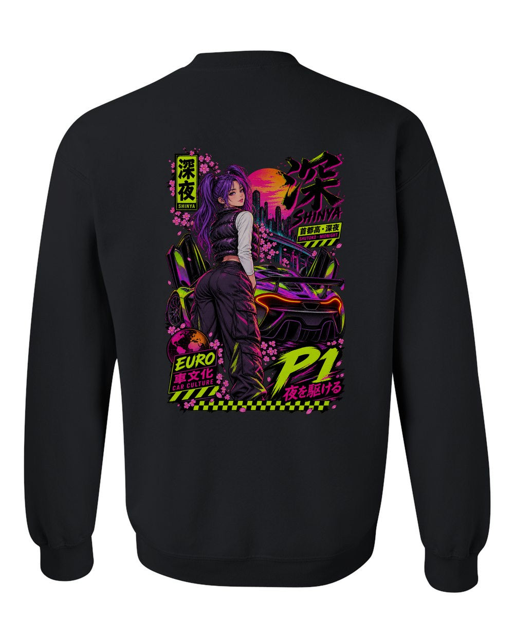 SHINYA P1 full-back artwork black crewneck back view with the design