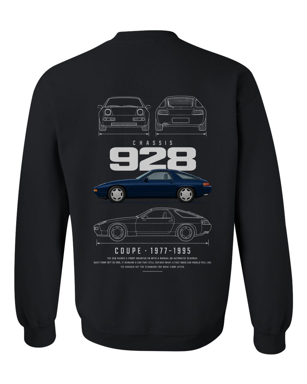 928 full-back artwork black crewneck back view with the design