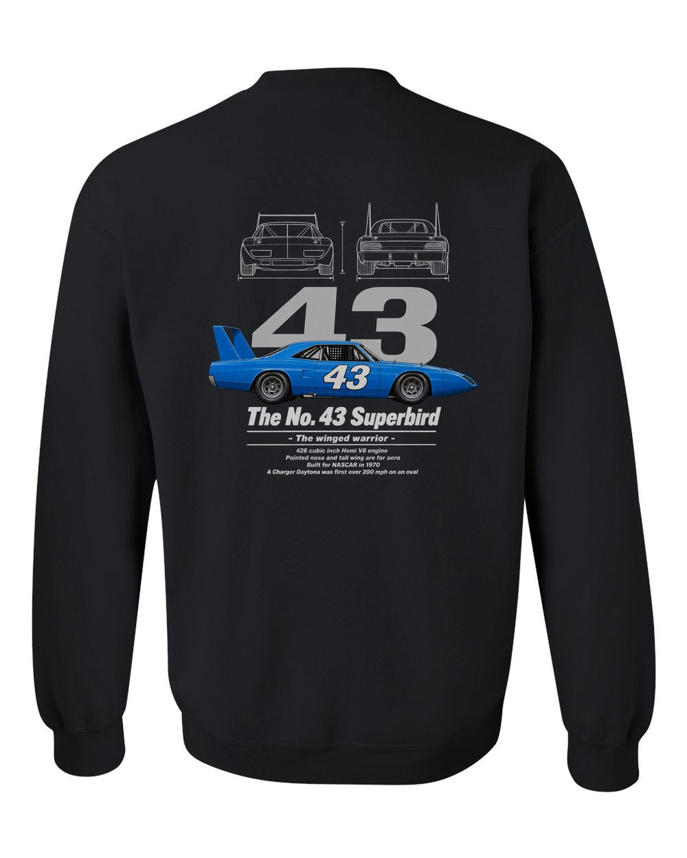 No. 43 Superbird black crewneck back view with the design