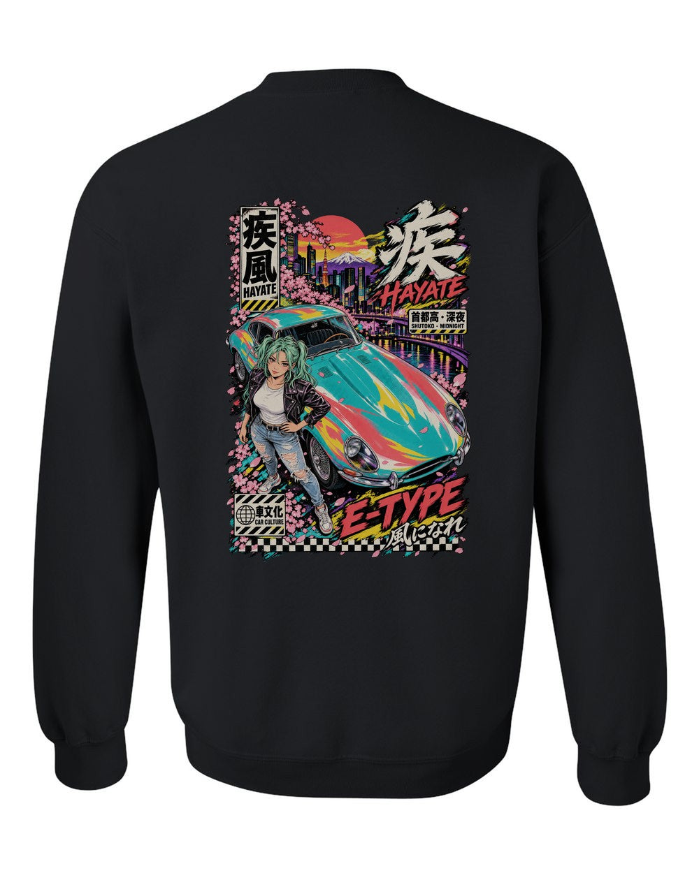 HAYATE E-TYPE full-back artwork black crewneck back view with the design