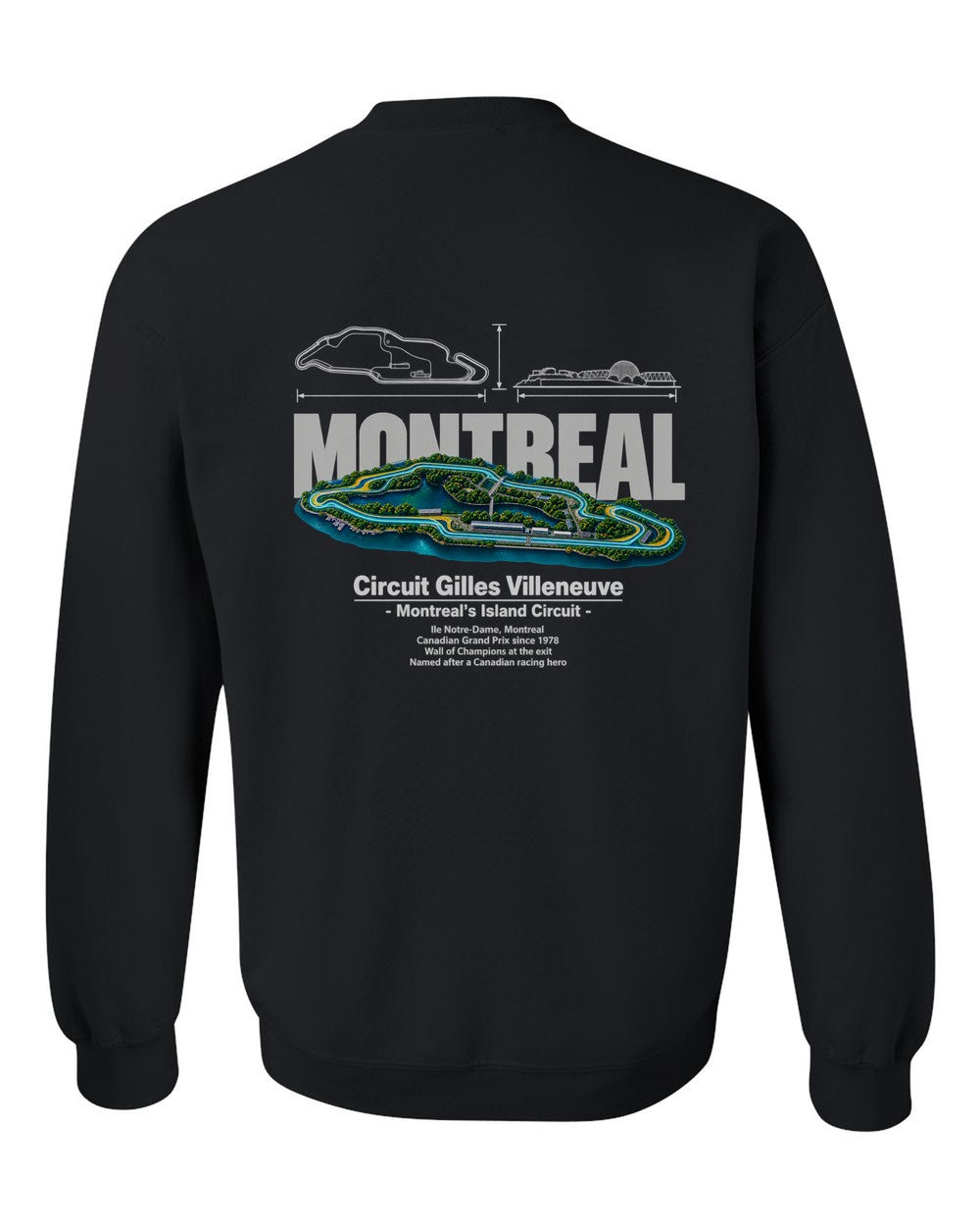Circuit Gilles Villeneuve black crewneck back view with the design