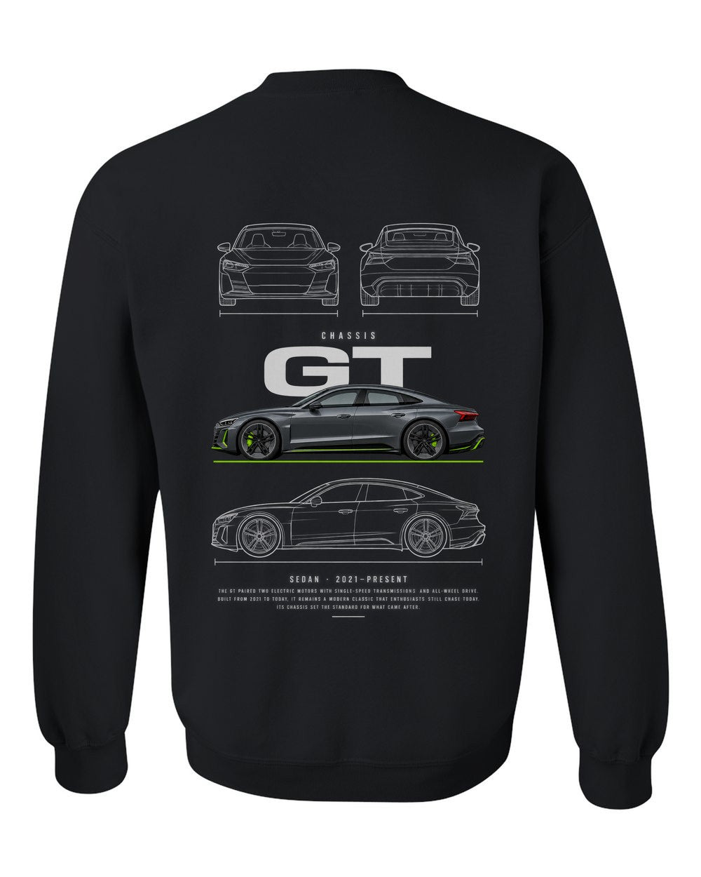 GT full-back artwork black crewneck back view with the design