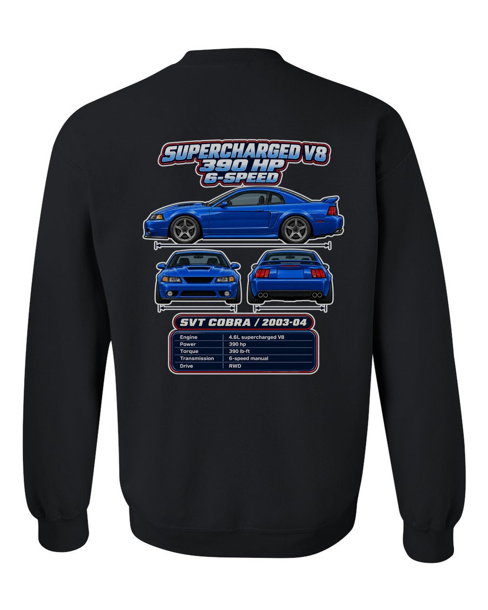 Ford SVT Cobra Terminator spec sheet black crewneck back view with the design