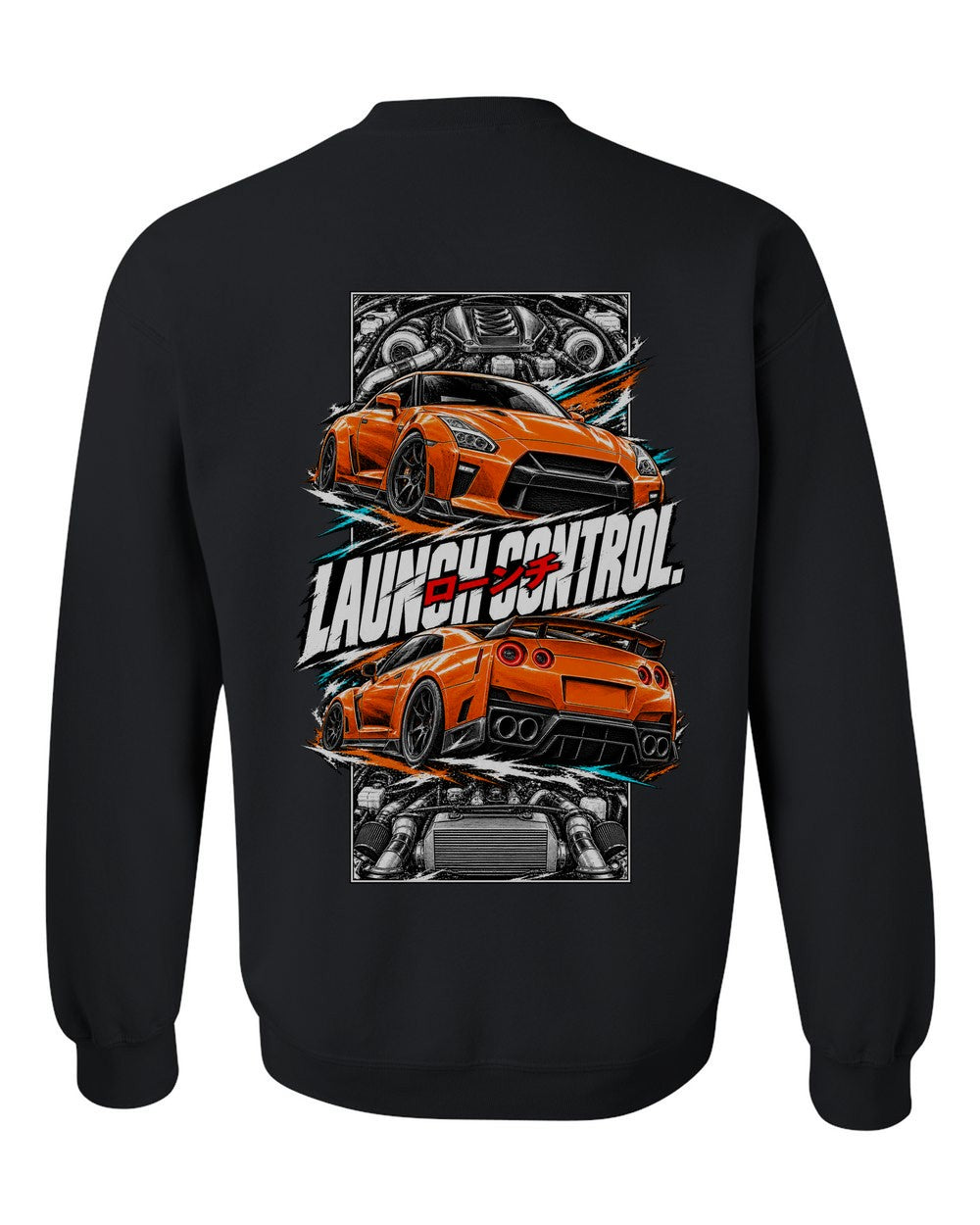 Nissan GT-R R35 torn poster black crewneck back view with the design